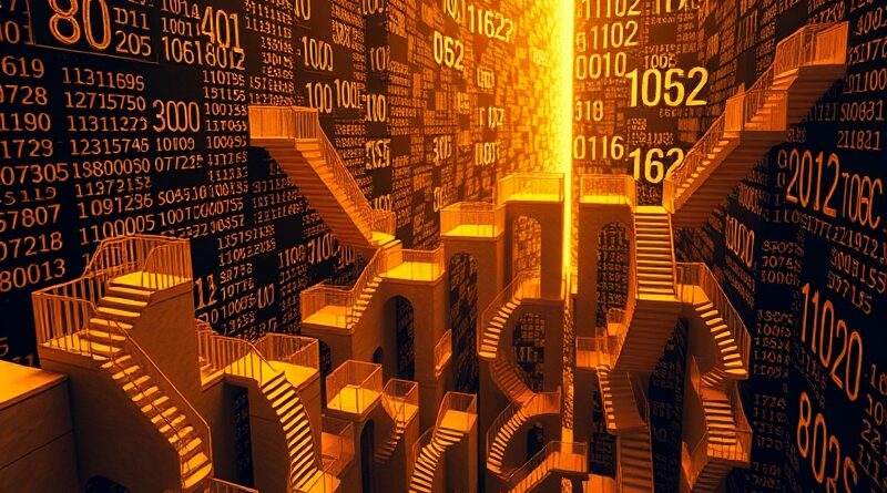 Kaskada binarnego kodu tworząca escherowskie schody i złote światło, symbolizująca złożoność AI i matematyki.