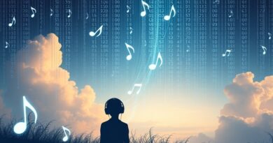 Surrealistyczny krajobraz: nuty muzyczne i binarny deszcz. Sylwetka osoby w słuchawkach, cyfrowe pajęczyny prywatności.