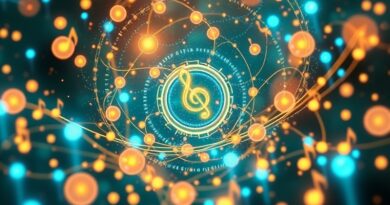 Harmonia człowieka i AI w muzyce: artysta otoczony przez błyszczące nuty, eteryczne światło, cyfrowe interfejsy.