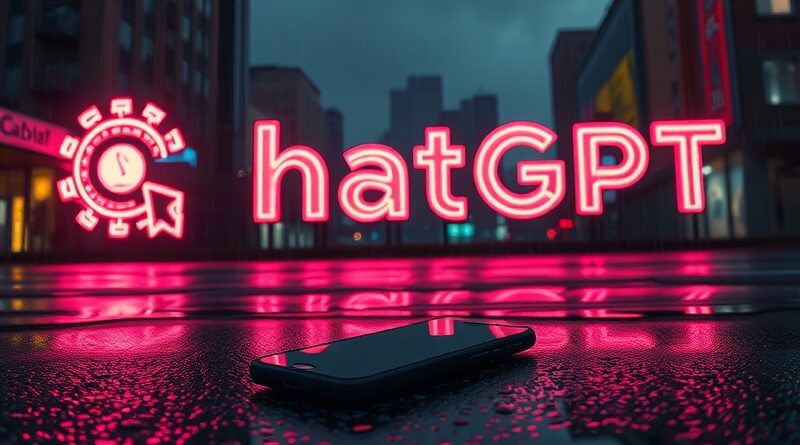 Zgaszona neonowa ikona ChatGPT podświetla mokrą ulicę. Smartfon leży na chodniku, odbijając światła.