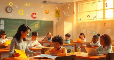 Surrealistyczna klasa z AI-tutorami wspierającymi uczniów, symbol wyrównywania szans edukacyjnych dzięki sztucznej inteligencji.