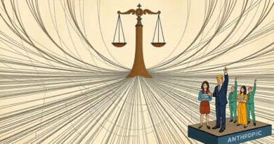 Tkanina z AI, szef Anthropic rozdarty między strachem a innowacją; w tle waga: ryzyko kontra postęp.