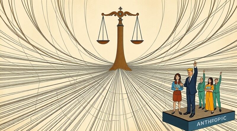 Tkanina z AI, szef Anthropic rozdarty między strachem a innowacją; w tle waga: ryzyko kontra postęp.