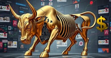 Zdekonstruowany, złoty byk na tle cyfrowego chaosu. AI w finansach: obietnice kontra rzeczywistość.