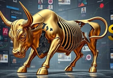 Zdekonstruowany, złoty byk na tle cyfrowego chaosu. AI w finansach: obietnice kontra rzeczywistość.