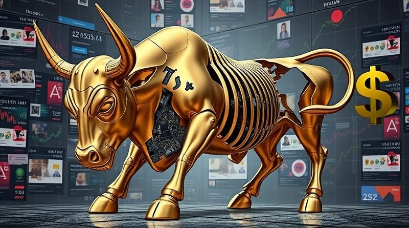 Zdekonstruowany, złoty byk na tle cyfrowego chaosu. AI w finansach: obietnice kontra rzeczywistość.