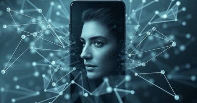 Smartfon w strumieniach danych, z fragmentami twarzy. Meta AI analizuje zdjęcia, pytania o prywatność.