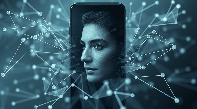 Smartfon w strumieniach danych, z fragmentami twarzy. Meta AI analizuje zdjęcia, pytania o prywatność.