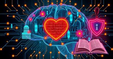 Sztuczna inteligencja: mózg z obwodów, symbole wsparcia, edukacji i bezpieczeństwa w futurystycznej kompozycji.