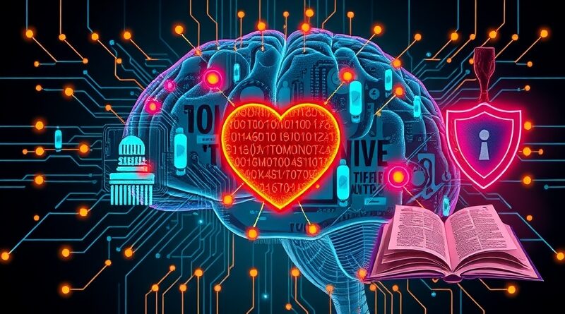 Sztuczna inteligencja: mózg z obwodów, symbole wsparcia, edukacji i bezpieczeństwa w futurystycznej kompozycji.