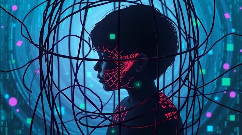 Sylwetka dziecka z pikseli w klatce z kabli, z której wyłania się zniekształcony wizerunek chatbota.