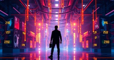 Silueta konsumenta wobec strumienia cen, tło: AI i sieci neuronowe. Kontrastowe barwy, efekt lustra.