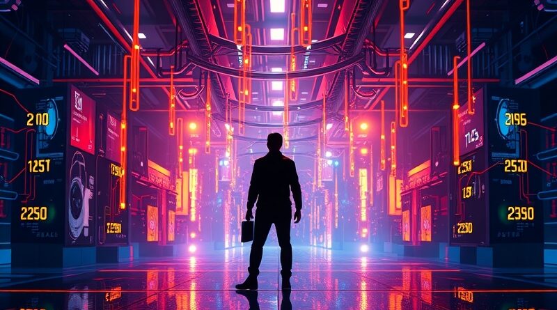 Silueta konsumenta wobec strumienia cen, tło: AI i sieci neuronowe. Kontrastowe barwy, efekt lustra.