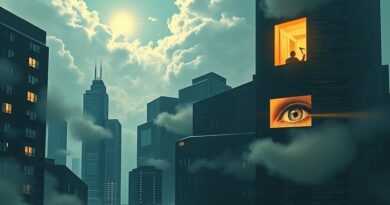 Surrealistyczny krajobraz miasta: budynki-kod, eteryczne chmury, oko w oknie. AI w nieruchomościach: innowacja czy iluzja?