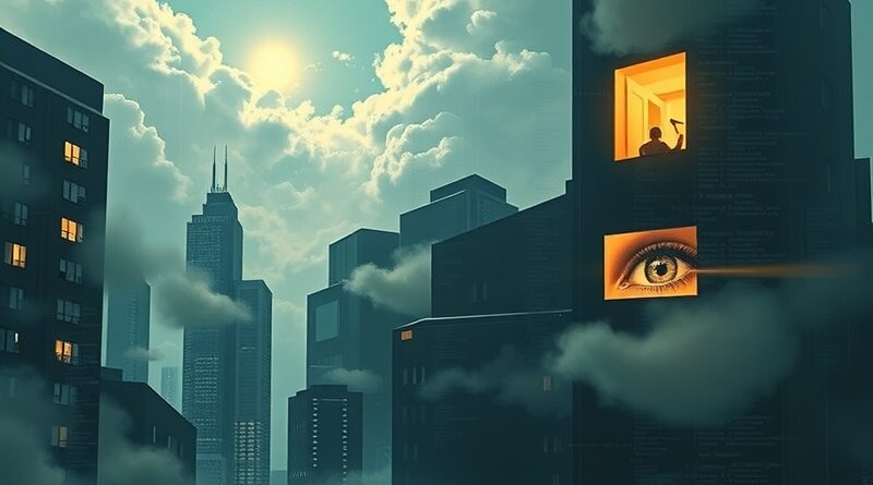 Surrealistyczny krajobraz miasta: budynki-kod, eteryczne chmury, oko w oknie. AI w nieruchomościach: innowacja czy iluzja?