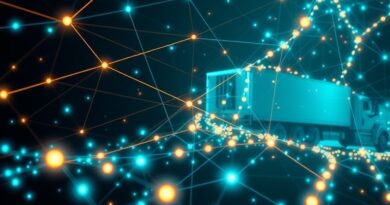 Cyfrowa siatka transportowa AI, zrównoważona logistyka, ciężarówka w tle, optymalizacja, ekologia, przyszłość.