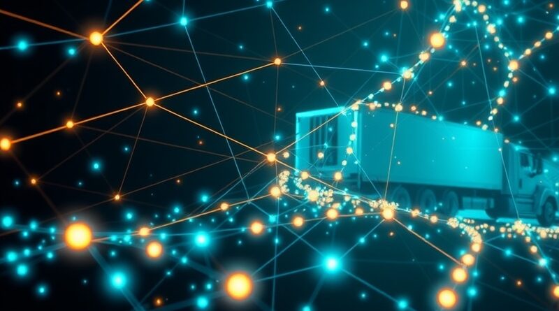 Cyfrowa siatka transportowa AI, zrównoważona logistyka, ciężarówka w tle, optymalizacja, ekologia, przyszłość.