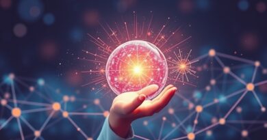 Świecąca kula emituje fale dźwiękowe i światło, symbolizując interakcję AI bez ekranu, w tle sieci danych.