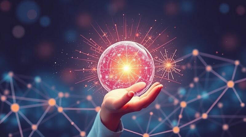 Świecąca kula emituje fale dźwiękowe i światło, symbolizując interakcję AI bez ekranu, w tle sieci danych.