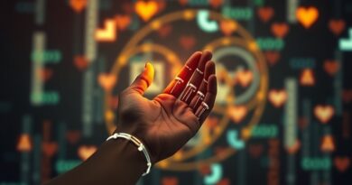 Ludzka dłoń odpycha świecące, robotyczne ramię na tle cyfrowego krajobrazu. Emocje, opór, AI.