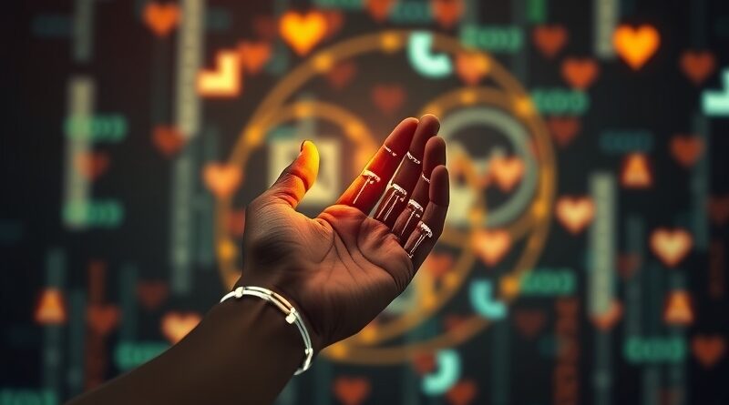 Ludzka dłoń odpycha świecące, robotyczne ramię na tle cyfrowego krajobrazu. Emocje, opór, AI.