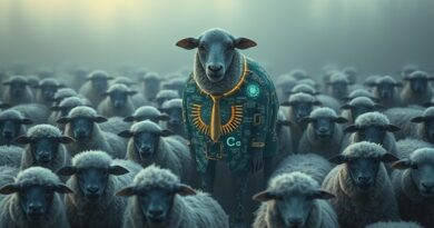 Cyfrowa owca w wilczej skórze z obwodów drukowanych, wśród zdezorientowanych, prawdziwych owiec. AI w służbie oszustw.