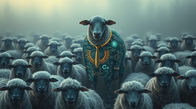 Cyfrowa owca w wilczej skórze z obwodów drukowanych, wśród zdezorientowanych, prawdziwych owiec. AI w służbie oszustw.