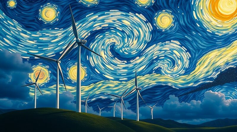 Wirujące turbiny wiatrowe w nocnym krajobrazie inspirowanym "Gwiaździstą nocą" Van Gogha, symbolizujące precyzyjne prognozy wiatru AI.