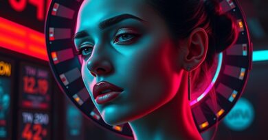 Melancholijna androidka, aktorka AI Tilly Norwood, w neonowym blasku Hollywood, z łzami z kodu binarnego.