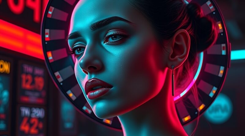 Melancholijna androidka, aktorka AI Tilly Norwood, w neonowym blasku Hollywood, z łzami z kodu binarnego.
