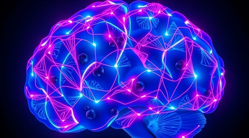 Mózg z bioluminescencyjnymi sieciami neuronowymi i pojedynczymi jagodami, symbolizujący AI w neurologii dziecięcej.