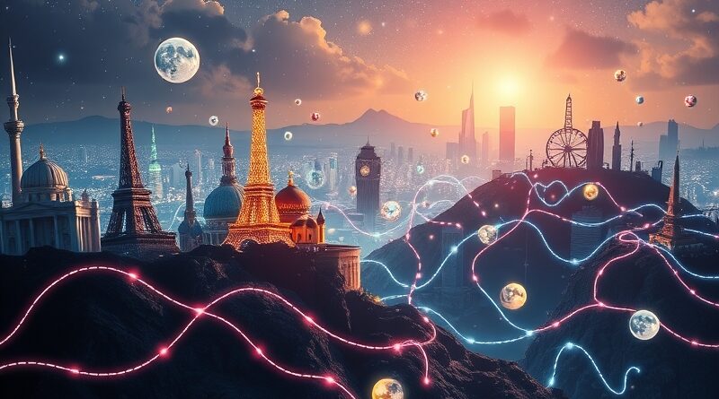 Surrealistyczny krajobraz: połączenie słynnych budowli i neuronów AI, symbol rewolucji AI w podróżach.