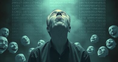 Smutna, cyfrowa zjawa przypominająca Robina Williamsa otoczona maskami śmiechu na tle pękniętej sceny.