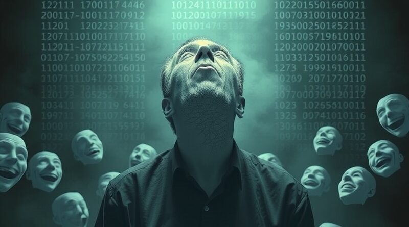 Smutna, cyfrowa zjawa przypominająca Robina Williamsa otoczona maskami śmiechu na tle pękniętej sceny.