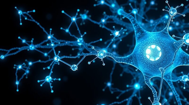 Bioluminescencyjna sieć neuronowa, połączenie sztucznych i biologicznych neuronów w kosmicznej scenerii.