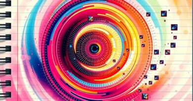 Notatnik rozpływający się w kolorowym wirze, piksele tworzące kształty, symbol "magiczne oko" w centrum.