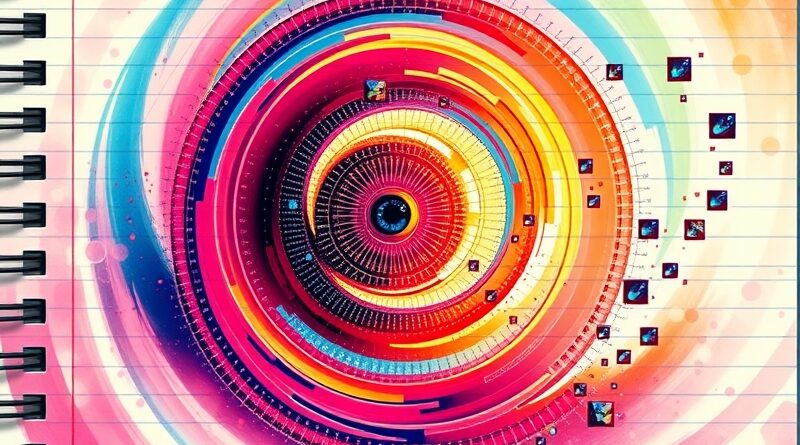 Notatnik rozpływający się w kolorowym wirze, piksele tworzące kształty, symbol "magiczne oko" w centrum.