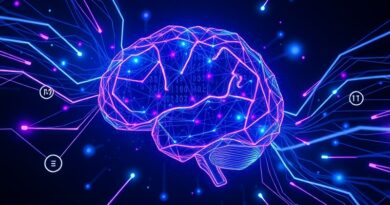 Zdecentralizowany mózg AI z danych, połączenia neuronowe, STEM symbole, głęboka przestrzeń, błękity, fiolety, cyany.