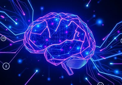 Zdecentralizowany mózg AI z danych, połączenia neuronowe, STEM symbole, głęboka przestrzeń, błękity, fiolety, cyany.