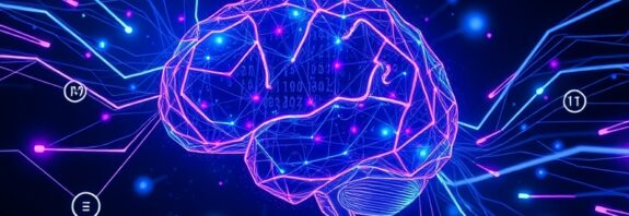 Zdecentralizowany mózg AI z danych, połączenia neuronowe, STEM symbole, głęboka przestrzeń, błękity, fiolety, cyany.