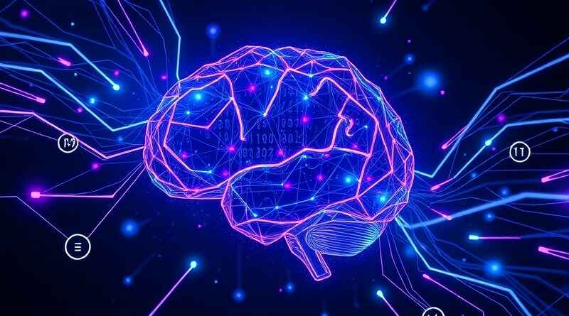 Zdecentralizowany mózg AI z danych, połączenia neuronowe, STEM symbole, głęboka przestrzeń, błękity, fiolety, cyany.