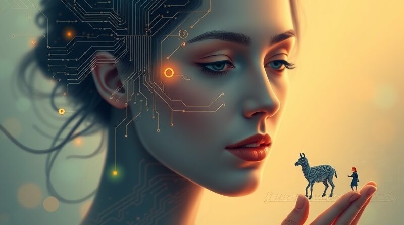 Abstrakcyjny portret Miry Murati jako cyfrowej architektki AI, otoczonej miniaturowymi modelami sztucznej inteligencji.