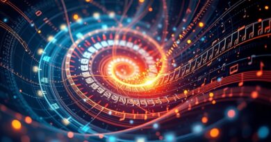 Abstrakcyjne połączenie kodu binarnego i nut, symbolizujące integrację AI Figaro.ai z Tuned Global.