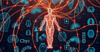 Abstrakcyjna sieć neuronowa z kodem binarnym, obrazy medyczne w mozaice, symbolizujące federacyjne uczenie i prywatność danych.