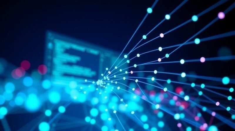 Abstrakcyjna sieć UI przechodząca w połączenia danych; integracja akcji GUI i tool call.