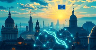 Futurystyczny krajobraz europejski: AI łączy medycynę, energię i obronność. Innowacja, zrównoważony rozwój, błękity i zielenie.