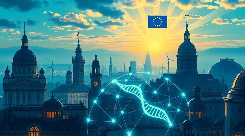 Futurystyczny krajobraz europejski: AI łączy medycynę, energię i obronność. Innowacja, zrównoważony rozwój, błękity i zielenie.