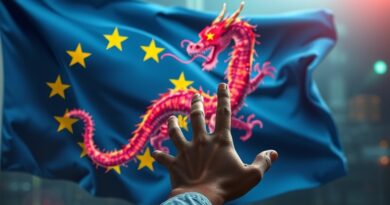 Rozpadająca się flaga UE w tle chińskiego smoka z AI. Konkurencja technologiczna.