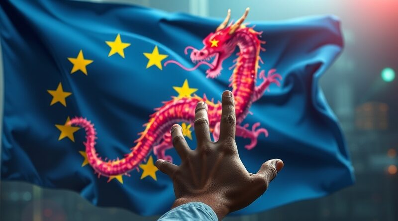 Rozpadająca się flaga UE w tle chińskiego smoka z AI. Konkurencja technologiczna.