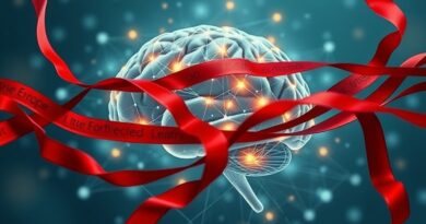 Świecący mózg z sieci światłowodów spowity czerwoną taśmą biurokracji. W tle ikony europejskich kultur.